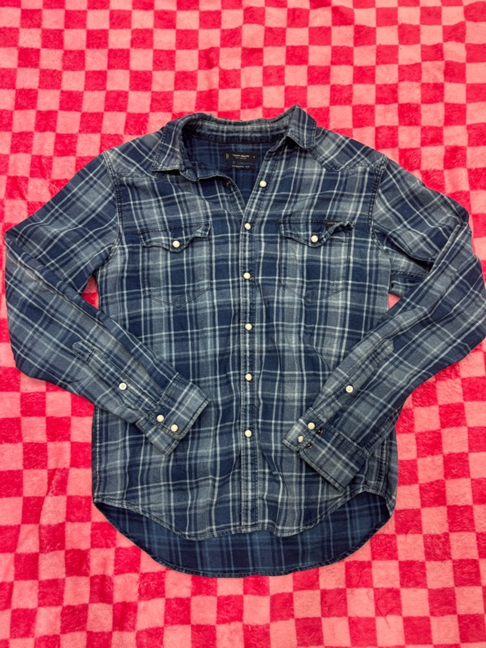 Lucky Brand Navy and White Plaid Button-Down Shirt With Pearl Snaps